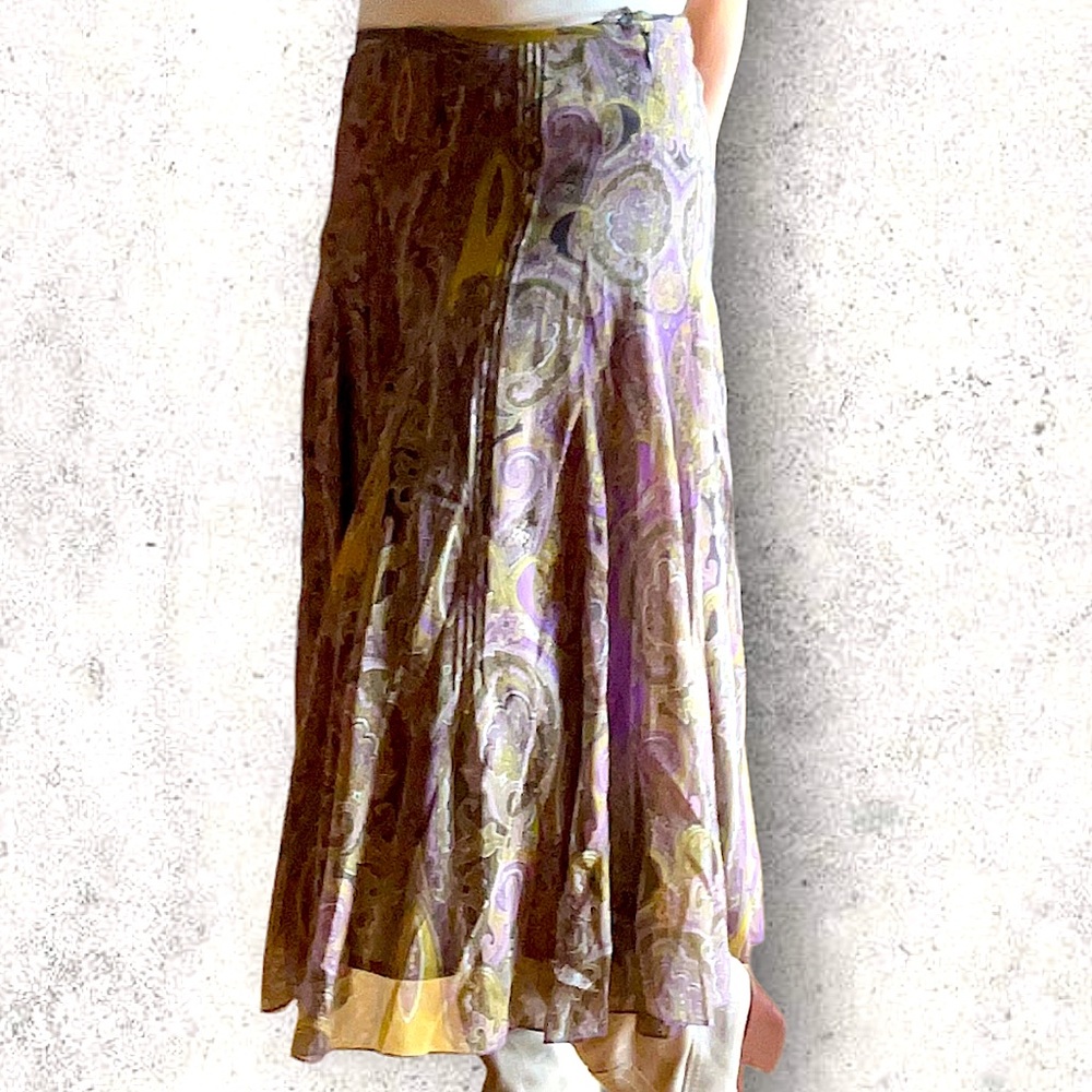 Jones New York Silk Paisley print midi skirt, size 6 Vintage, greens & purples